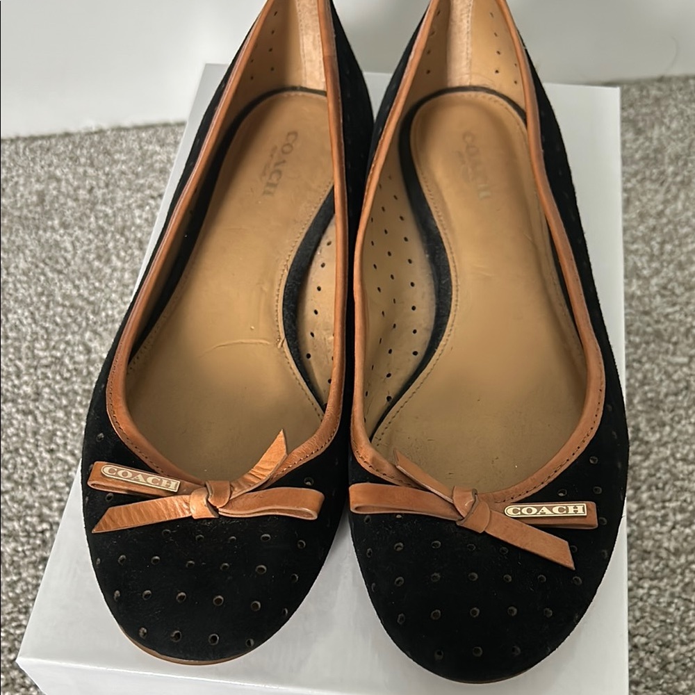 Coach Black and Tan Ballet Flats with Leather Trim and Bow Detail